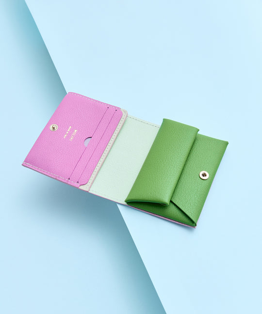 Bifold Compact Wallet -Light pink ×Prairie Green - Miho Kawahito