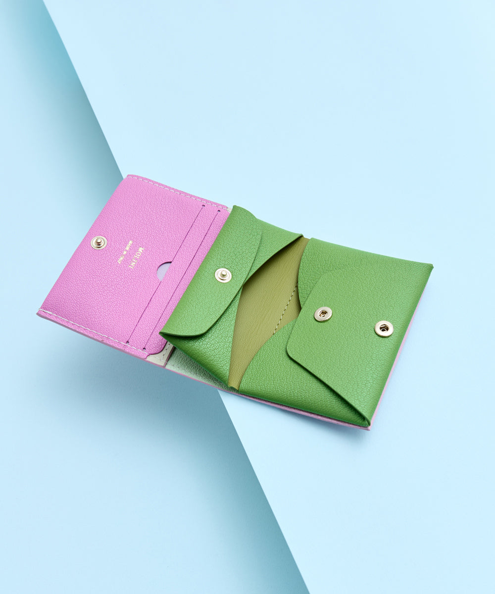 Bifold Compact Wallet -Light pink ×Prairie Green - Miho Kawahito